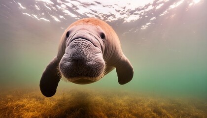 Animal concept of a West Indian manatee - Trichechus manatus - swiming under water seen at Three sisters springs in Crystal River, Florida