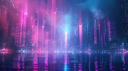 abstract city background with illuminated light rays and water reflection, stage showcase scene for product presentation in futuristic cyberpunk style