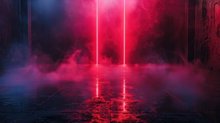 Abstract dark background with neon red light, smoke and fog on the floor in an empty room. Neon lighting, reflection of laser beams on wet concrete surface. Abstract scene.