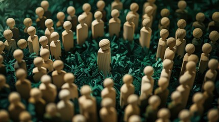 Obraz premium Wooden figure surrounded by people on a green surface representing the concept of leadership