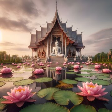  Wat Non Kum with a lotus pond is considered a symbol of Buddhism. in Sikhio District, Nakhon Ratchasima Province, Thailand. Select focus lotus