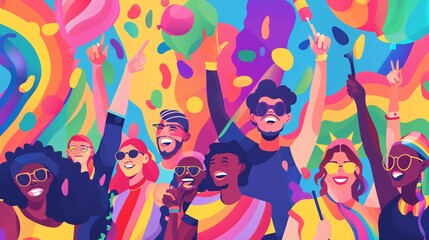 A lively vector illustration showcasing the vibrant energy of an LGBTQ+ and Pride month festival, featuring diverse individuals, dynamic colors, and contemporary design elements, perfect for creating