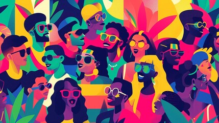 An energetic vector illustration capturing the dynamic essence of an LGBTQ+ and Pride month festival, with its diverse crowd, bold color palette, and modern design aesthetic, providing a visually