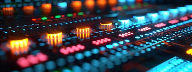 Fototapeta premium Detailed View of a Sleek and Sophisticated Digital Audio Mixing Console with Vibrant Lighting and