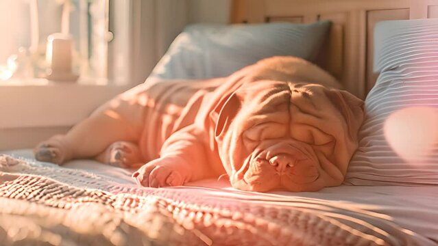 Shar Pei Dog Sleeping in Sunlit Room with Ai generated.
