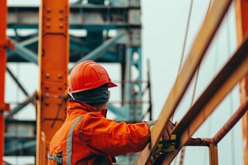 construction worker with steel beams and copy space 