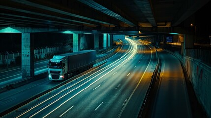 Night scene of a truck passing under freeway overpasses with rhythmic lighting, highlighting the non-stop nature of trucking.