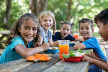 Group of happy kids having a picnic meal on a wooden table outdoor during summer camp or at...