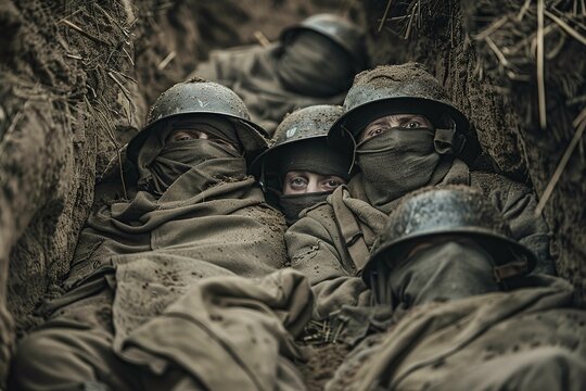 Group of soldiers resting in a trench