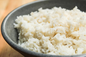 close up of a bowl of cooked white rice