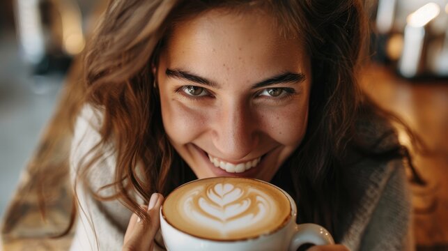 Joyful young lady enjoying a latte beverage in the morning