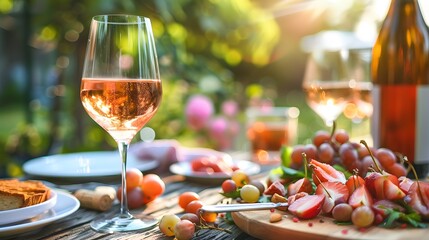 Picnic party in summer time, closeup food and wine gathered on the table outdoor backyard garden