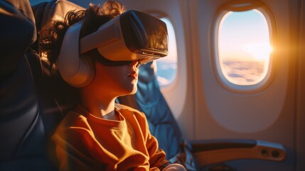 Child wearing VR headset on airplane during sunset flight.