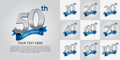 anniversary logotype set vector, silver color and blue ribbon for special day celebration