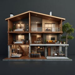 Modern home cross section, 3d rendering minimalist