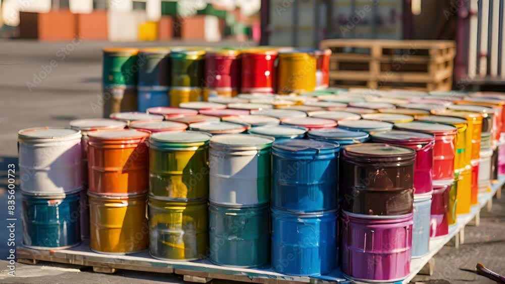 Wall mural an array of colorful paint cans stacked on a palette ready to be transported and used for final touc
