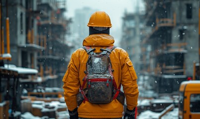 Man in Yellow Jacket With Backpack. Generative AI