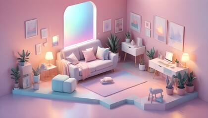 cube cutout of an isometric living room, isometric 3d render, pastel colors, soft lighting, high detail behance, ray tracing