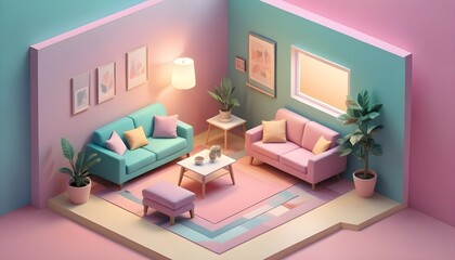cube cutout of an isometric living room, isometric 3d render, pastel colors, soft lighting, high detail behance, ray tracing