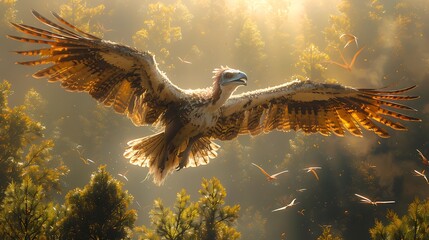 young Microraptor gliding between trees in a dense forest with sunlight filtering through the canopy and other dinosaurs nearby