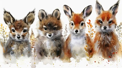 Obraz premium Set of cute watercolor woodland animals. Perfect for nursery art, woodland baby shower, or children's book illustrations.