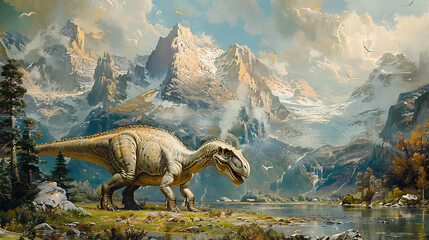 adorable young Diplodocus walking majestically through a valley depicted in a painting