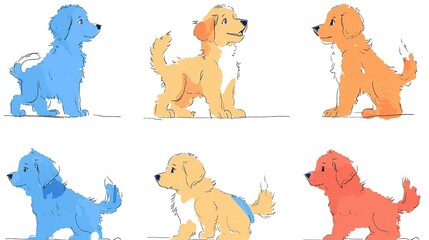 Fototapeta premium A set of cute cartoon dogs in different colors. The dogs are all different breeds and are all looking in different directions. The dogs are all standing on a white background.
