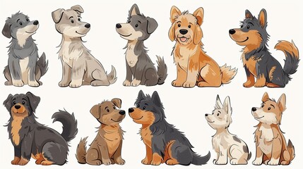 A set of ten cute cartoon dogs in various poses. The dogs are all different breeds and colors, and they are all drawn in a simple, cartoon style.