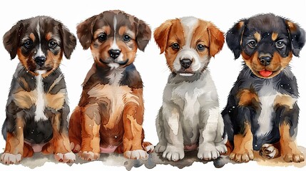 Four adorable watercolor puppies in a row, looking at the camera, isolated on white background