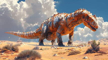 adorable young Nigersaurus roaming a dry desertlike landscape with sand dunes and sparse vegetation...