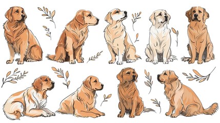 Fototapeta premium Set of cute golden retriever dogs in different poses. Vector illustration.
