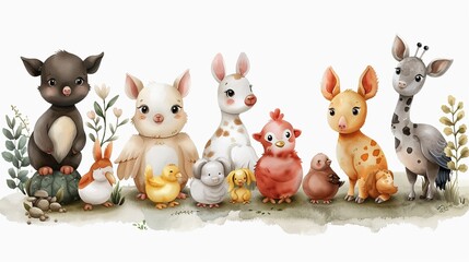 Naklejka premium A group of cute watercolor animals including a pig, a rabbit, a chicken, a guinea pig, a deer, and a giraffe.