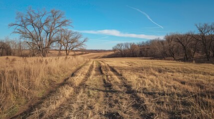 Fototapeta premium View of farm field with grass plants tractor tracks dry trees near a clear spring day highway