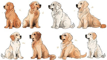 Set of cute golden retriever dogs in different poses. Vector illustration.