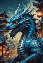 Fototapeta premium Blue Dragon in Asian City