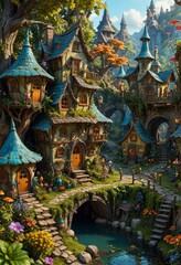 Fototapeta premium Enchanting Fairy Tale Village by the Stream