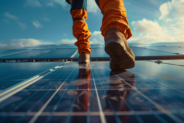 photo of Men worker installing solar photovoltatic on a roof to produce renewable energy power to fight the climate change - Powered by Adobe