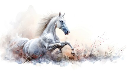 Graceful white horse running free in the field. Digital watercolor painting.