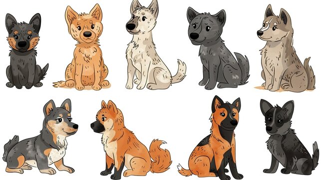 A set of cute cartoon dogs of various breeds. The dogs are all sitting down and facing the viewer. The breeds include Australian Shepherd, Border Collie, and Blue Heeler.