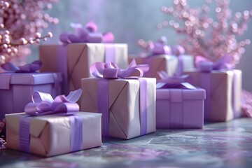 Elegant Plum Gifts Boxes with Parchment Background Featuring Copy Space for Advertising
