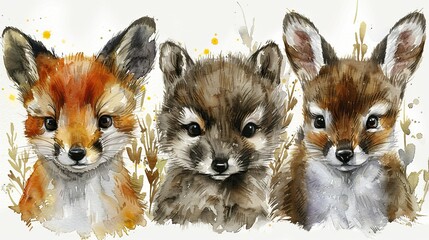 Fototapeta premium Watercolor painting of three cute baby animals: a fox, a wolf, and a rabbit.