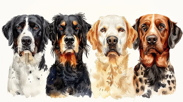 Watercolor painting of four different dog breeds: Gordon Setter, English Springer Spaniel, Golden Retriever, and Vizsla.