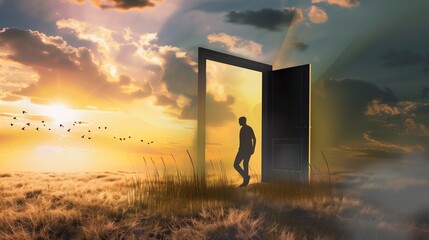A silhouetted figure steps through a door into a golden, sunlit field, symbolizing new beginnings and opportunities. The scene blends elements of surrealism and realism in a stunning sunset landscape.