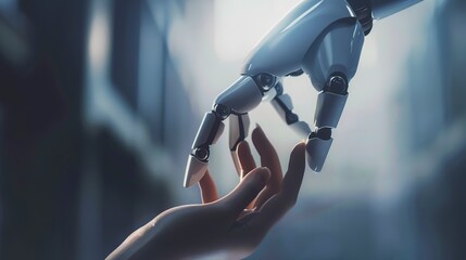 Robot hand touching human hand, symbolic interaction, close-up, soft focused background, futuristic lighting 