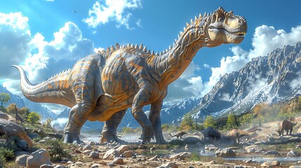 adult Dacentrurus standing tall in a rocky desert with a clear blue sky above and other dinosaurs nearby