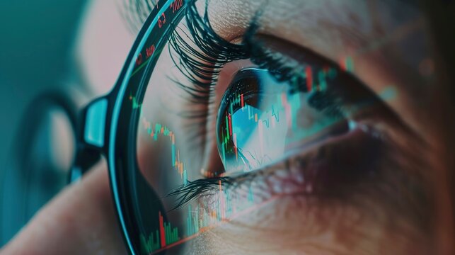Close-up view of a data analyst's eye, reflecting graphs and code, high contrast and sharp focus.