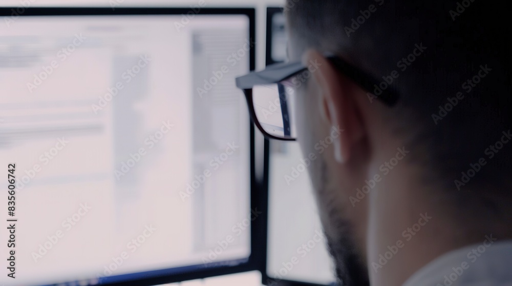 Poster software engineer reviewing complex algorithm on dual monitors, close-up, minimalistic white theme.