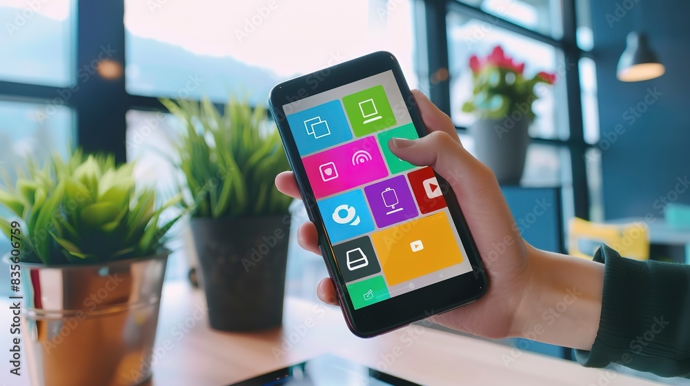 Poster Hands holding a smartphone with app development software, close-up, modern UI design, bright colors.