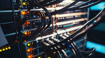Obraz premium Patch panel in a data center with cables neatly organized, close-up, with a focus on labels, cold lighting. 