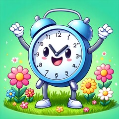 Cartoon illustration of a cute alarm clock with flowers